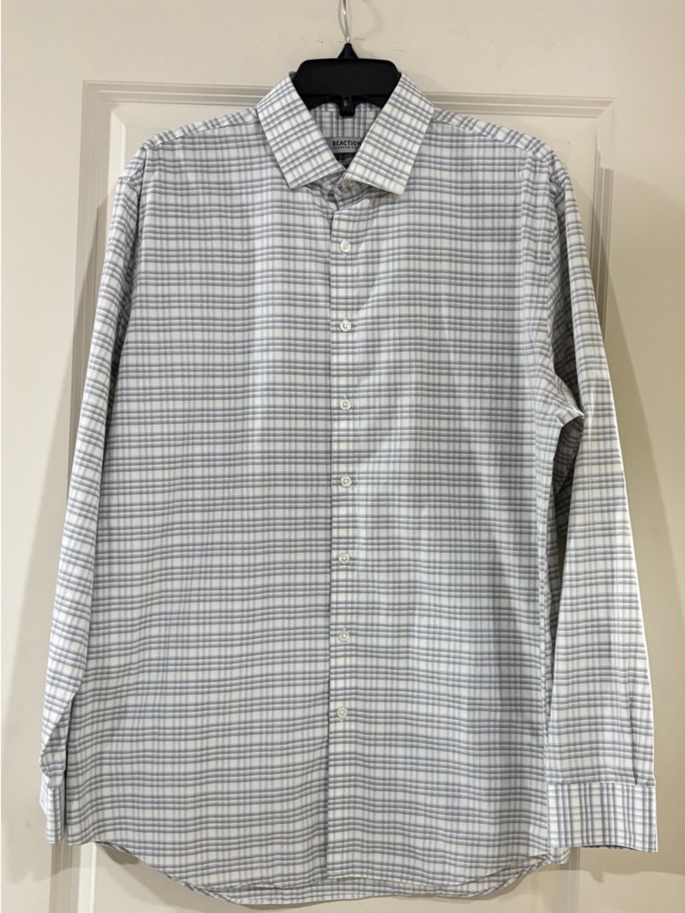 Kenneth Cole Gray and White Plaid Spread-Collar Dress Shirt